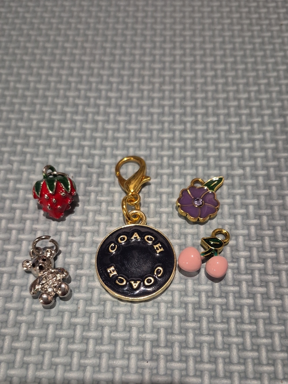 Coach Gold-Tone Logo Charm with Colorful Enamel Fruit & Flower Charms